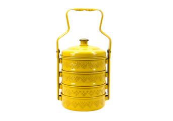 Vibrant Yellow ThreeTiered Food Carrier with Intricate Etched Design isolated on transparent baackground