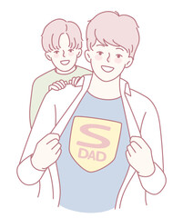 A cheerful illustration shows a dad revealing a colorful superhero shirt while his playful child stands behind him