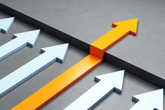 Orange arrow breaking through barrier among blue arrows symbolizing breakthrough and success in business and leadership concept on gray background. 3D Rendering