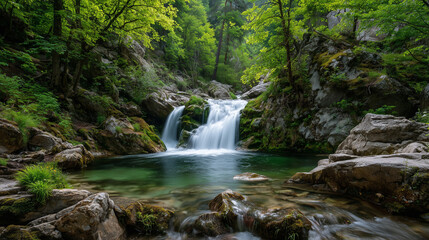 Naklejka premium Majestic Waterfall Flowing in Forest 