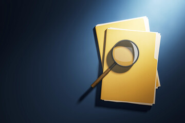 Yellow file folder stack with magnifying glass under spotlight from top view on dark blue desk...