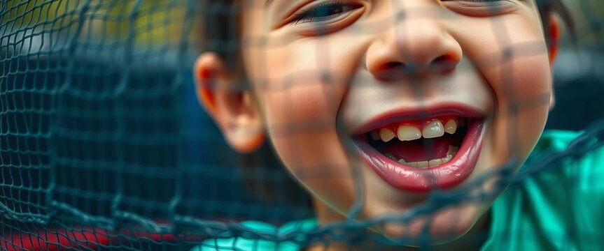 Close-up of a face playfully squished against trampoline netting, mesh texture visible,  sport,  happy