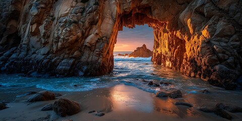 Waves flow through a rock archway at sunset