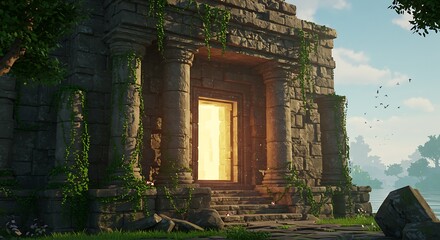 Explore a mysterious ancient temple ruin with glowing door, covered in vines and plants amidst a serene landscape.