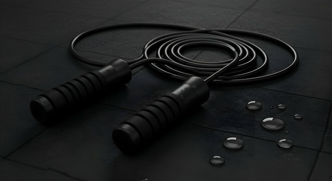 Black jump rope coiled on a dark stone surface with water droplets. Modern fitness equipment ready for use in a gym or home workout space.