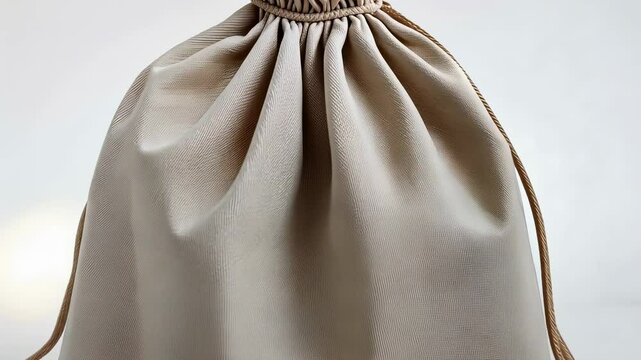 Beige drawstring bag against white background