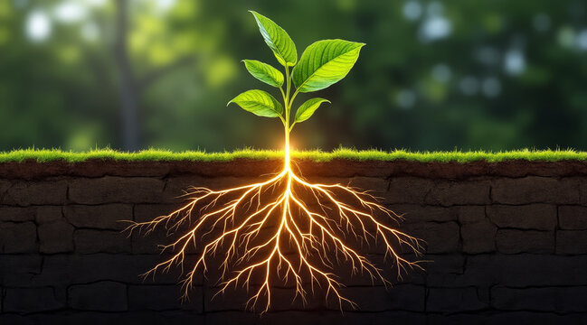 Synthetic Biology concept ,Young green plant with glowing root system underground in soil with grass and blurred background