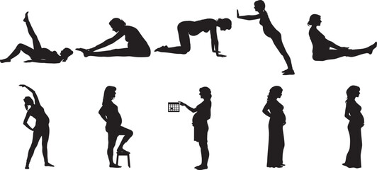 Pregnant Woman silhouettes Belly Growth Collection set. clip art, back lit, beauty, bonding, outline, design element, men