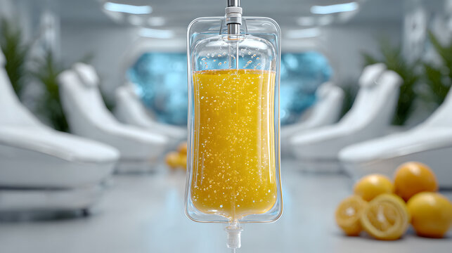 Close-up of an IV infusion therapy bag with a vibrant yellow liquid, set in a modern medical clinic room.

