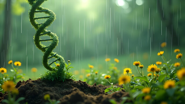 Giant DNA Helix Growing from Soil with Digital Rain