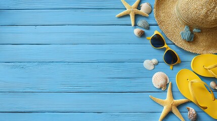 Flat lay of summer beach accessories on blue wooden background with straw hat, flip-flops, sunglasses, seashells, and starfish, symbolizing vacation and tropical relaxation with copy space