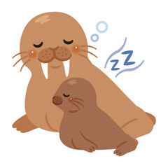 眠るセイウチ親子のイラスト