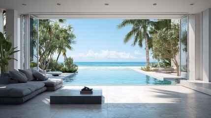 Living room with ocean view and pool featuring a gray sofa and palm trees in a bright setting