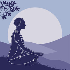 Silhouette of a person meditating in lotus position before a large moon and mountainous landscape view