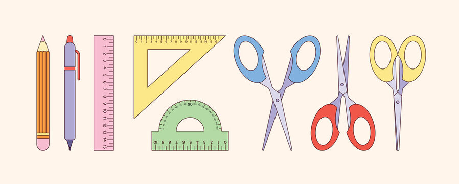 Pencil, Pen, Ruler, Triangle, Protractor, Scissors Set. School Stationery Items Isolated on Light Background. Flat Vector Illustration for Study, Supplies, Tools, Back to School Design
