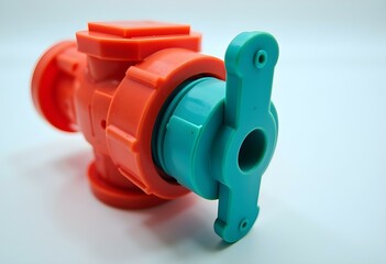 Fototapeta premium Red and Teal Plastic Valve Close-Up – Plumbing or Irrigation Control Component