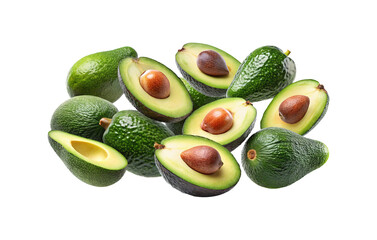 Pile of fresh avocados with seeds and without seeds on white background