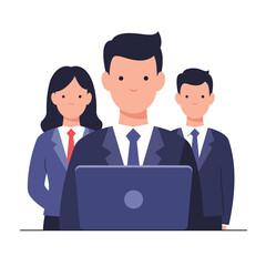 Business leader mentoring team in formal attire with laptop  