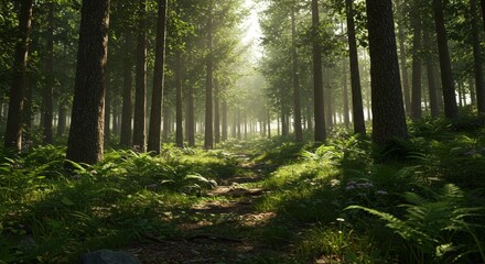 Obraz premium Misty Forest Trail on a Rainy Day