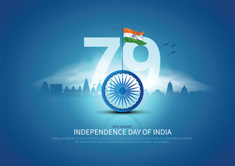 Happy 79th independence day of India. 3d Ashoka chakra with Indian flag and landmarks. Creative vector illustration design.