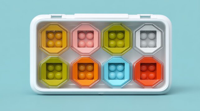 Weekly pill organizer with geometric compartment design. Healthcare organization concept
