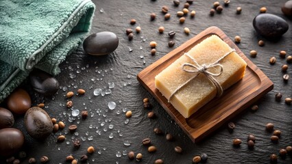 Natural handmade soap bar with coffee beans and spa stones on dark slate
