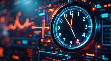 Fototapeta premium Digital clock display with futuristic interface and glowing blue and orange elements showing time and data