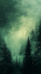 A dreamy forest scene with glowing lights sprinkled through the trees and a misty background under a deep green sky. Serene and magical.