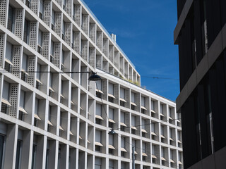 Modern Post Office Facade with Geometric Design at Rochusmar, Vienna, Austria