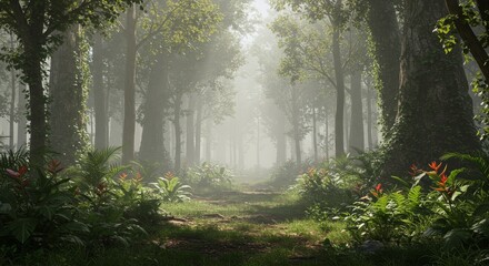 Obraz premium Misty Forest Trail on a Rainy Day