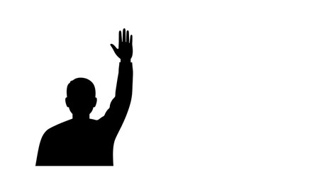 Silhouette of a person raising hand against a white background  