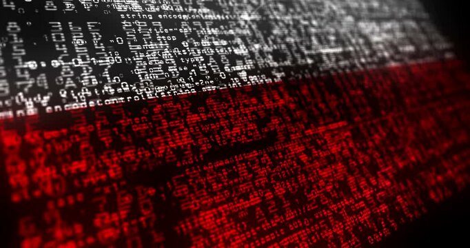Poland flag waving secure code. Polish blowing banner cyber security attack and hack concept animation.