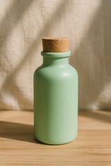 Green Matte Bottle with Cork Stopper on Wooden Table