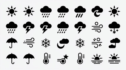 "Weather and Climate Icon Set - Sun, Rain, Snow, and Storm Symbols"