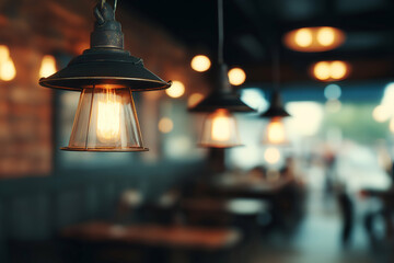 Hanging Ceiling Light Fixture in Restaurant Creating Warm Interior Ambiance, motion blur Business concept, motion bokeh background