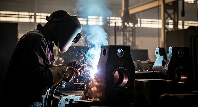 Worker welding metal parts in an industrial setting creating sparks and bright light and smoke
