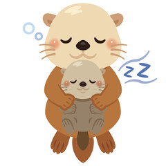 仰向けで子どもを抱っこして眠るラッコ親子のイラスト