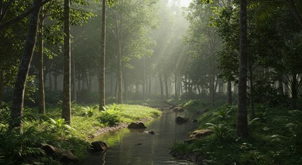 Obraz premium Misty Forest Trail on a Rainy Day