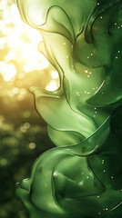 Abstract green fluid art with light reflecting and translucent waves, ethereal and dynamic, suggestive of movement and nature.