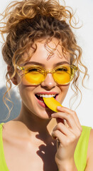 Young woman with curly hair wearing yellow sunglasses is playfully biting a slice of lemon, showcasing a vibrant summer mood and joyful expression in bright sunlight