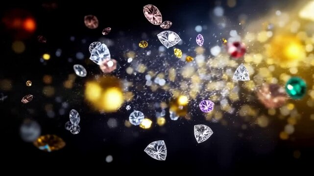 A bunch of diamonds falling down on a black background