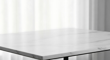 Close-up reveals a sleek white marble table corner bathed in soft, diffused light and serenity.
