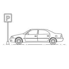 Car parked beside parking sign in minimal line art style  