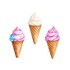Set of colorful ice cream cones with frozen desserts separated into pieces on a white background.
