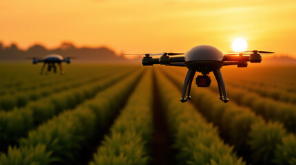 Drone surveillance over farmland during sunset, modern agritech
