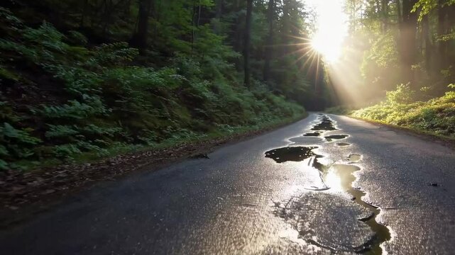 Winding road through a serene forest landscape, showcasing deep potholes and sunlight filtering through trees, highlighting nature's beauty and the need for road maintenance