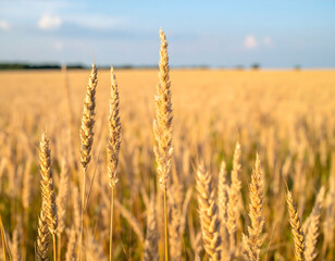 Naklejka premium Golden wheat field under clear blue sky, ripe spikes swaying gently in sunlight, symbolizing agriculture, harvest and natural rural beauty.