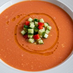 a vibrant bowl of fresh gazpacho soup, garnished with finely diced cucumber and bell pepper, and a swirl of olive oil. 