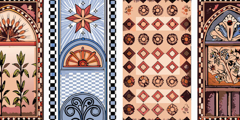 Intricate art nouveau inspired decorative panels with floral and geometric motifs