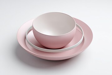 Elegant pastel pink tableware arrangement featuring a bowl and plates on white background